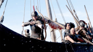 Archer aiming a bow aboard an ancient Greek ship from The Odyssey